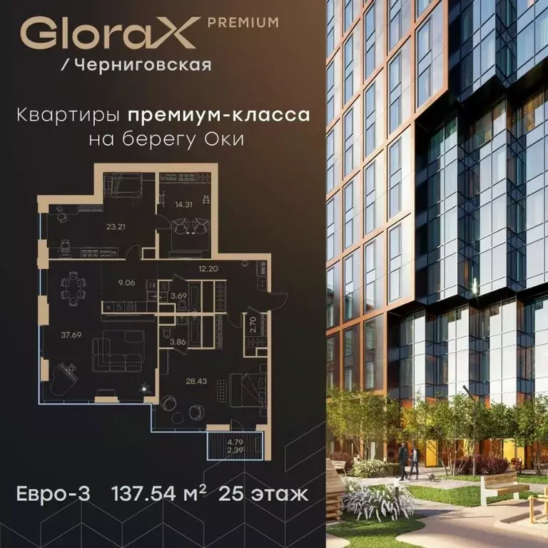 2-к кв. Нижегородская область, Нижний Новгород Глоракс Премиум ... - Фото 0