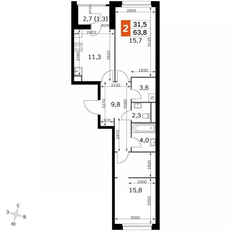 2-к кв. Москва Строительный проезд, 9к1 (61.6 м) - Фото 1