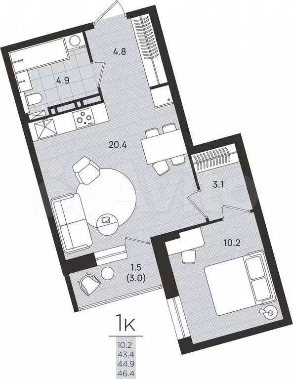 1-к. квартира, 44,9 м, 4/8 эт. - Фото 0