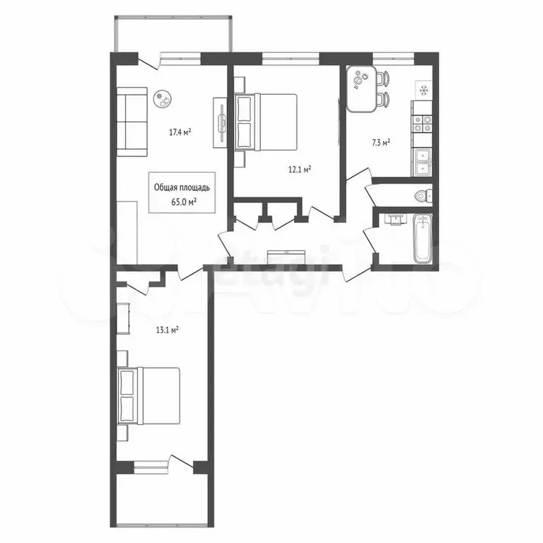 3-к. квартира, 65 м, 8/9 эт. - Фото 0