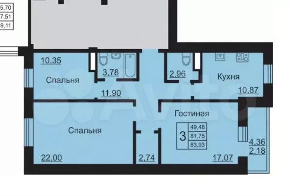 3-к. квартира, 84 м, 12/22 эт. - Фото 0