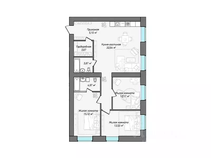 4-к кв. Чувашия, Чебоксары ул. Фридриха Энгельса, поз7 (97.0 м) - Фото 1