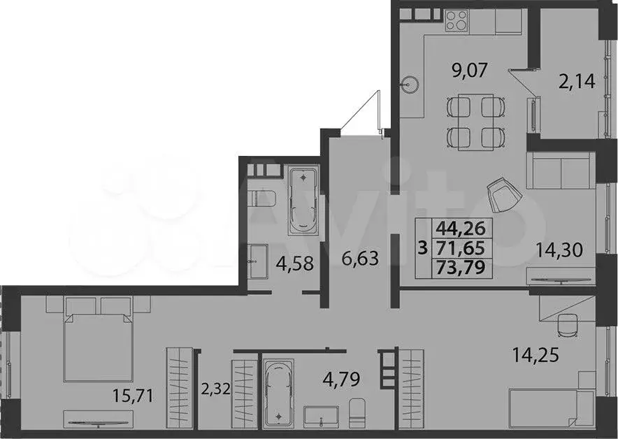 2-к. квартира, 73,8 м, 2/7 эт. - Фото 1