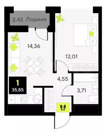 1-к. квартира, 35 м, 2/12 эт. - Фото 1