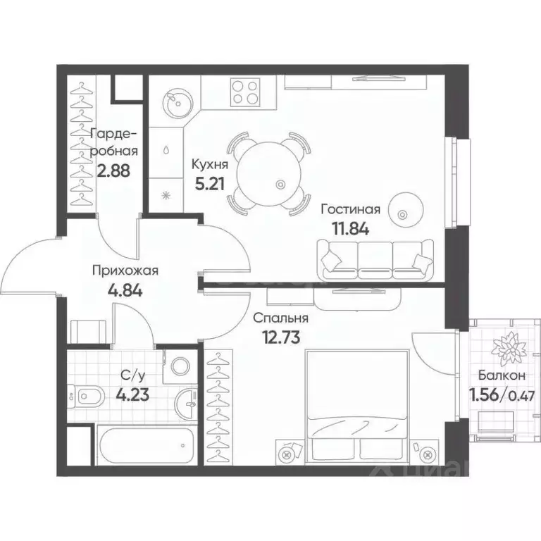 1-к кв. Татарстан, Казань ул. Гаврилова, 7к1 (41.3 м) - Фото 2
