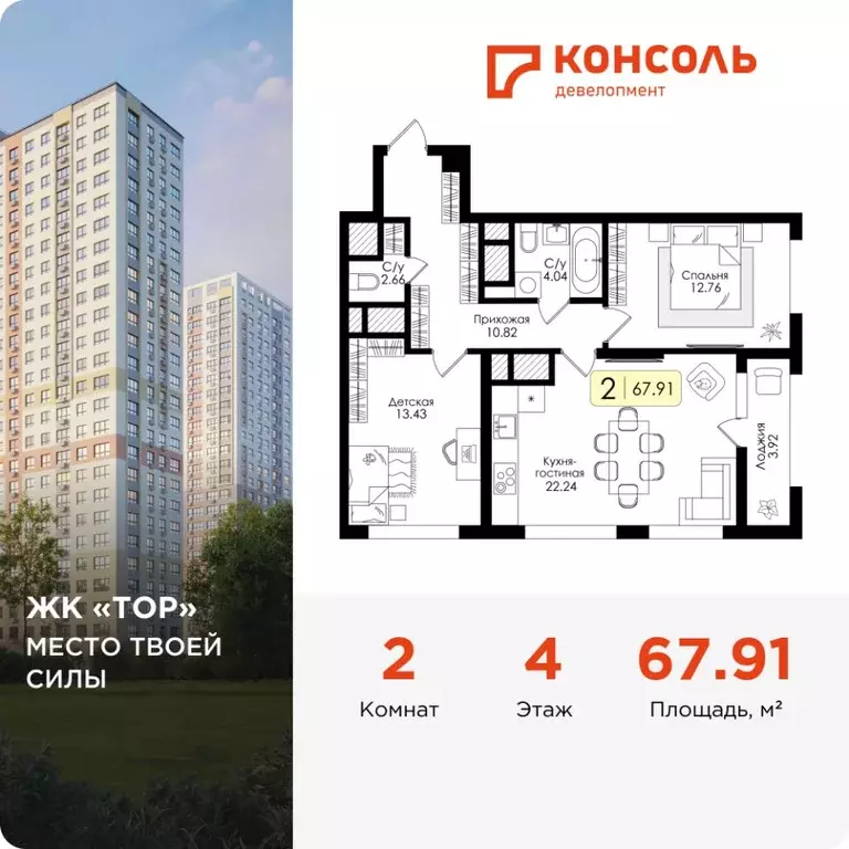 2-к кв. Тульская область, Тула Тор жилой комплекс (67.91 м) - Фото 1