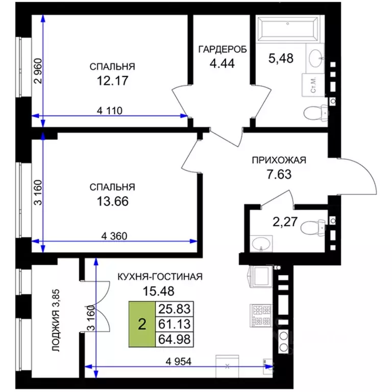 2-к кв. Калининградская область, Гурьевск Включи жилой комплекс (66.2 ... - Фото 1
