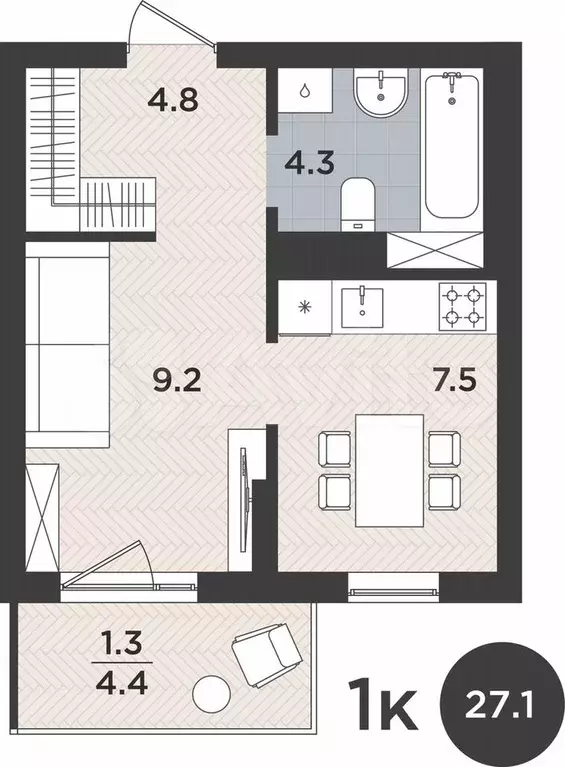 1-к. квартира, 27,1 м, 3/9 эт. - Фото 1