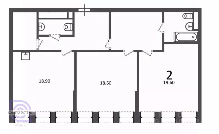 Квартира, 2 комнаты, 89.3 м - Фото 2