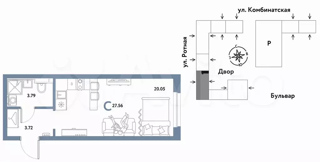 Квартира-студия, 27,6 м, 4/21 эт. - Фото 0
