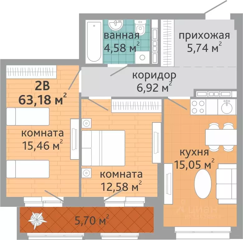 2-к кв. Свердловская область, Екатеринбург ул. Коперника, 33 (63.18 м) - Фото 1