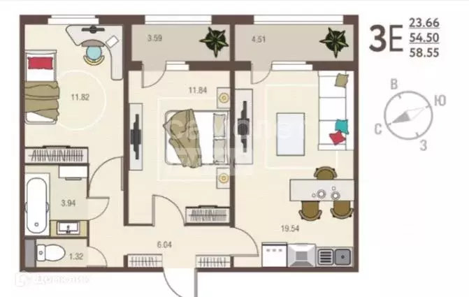 Продаётся 1-к квартира, 54.5 м - Фото 0
