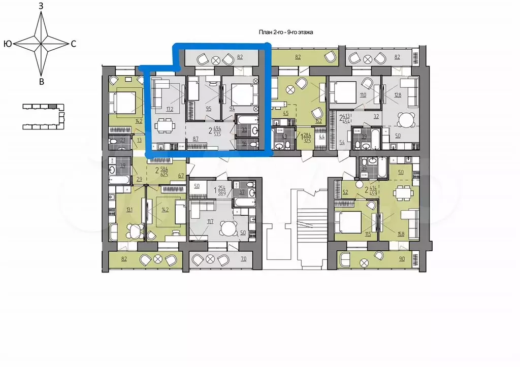 2-к. квартира, 53,5 м, 5/9 эт. - Фото 1
