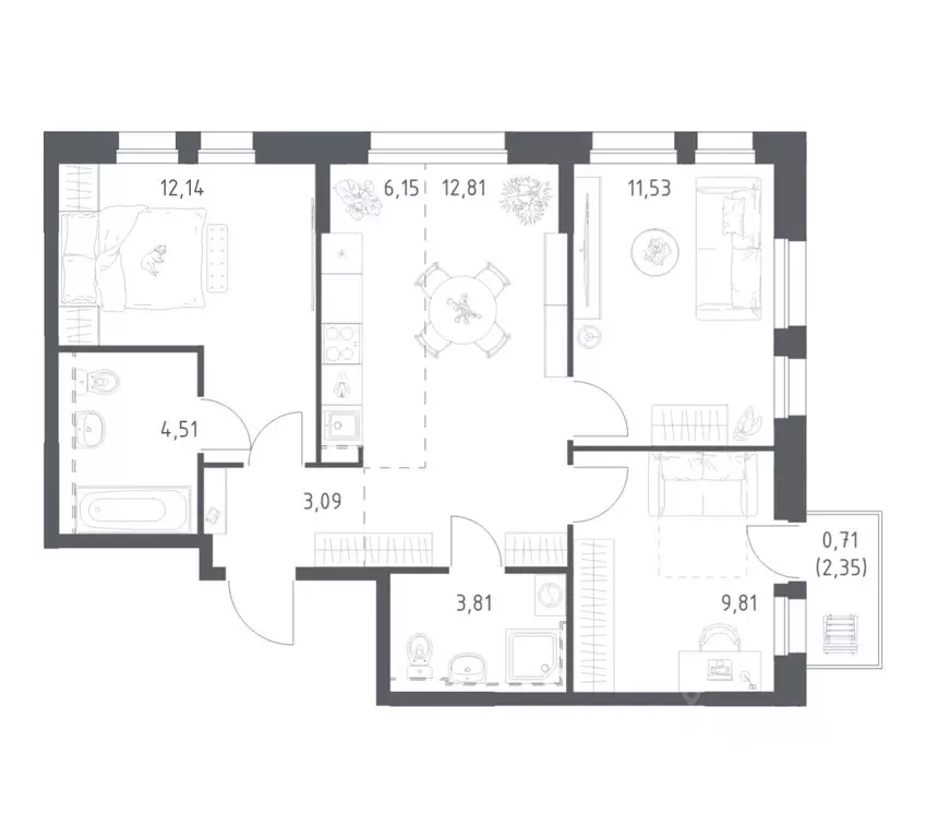 3-к кв. Башкортостан, Уфа ул. Рашита Манурова (64.56 м) - Фото 1
