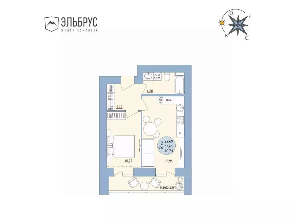 2-к кв. Башкортостан, Уфа Кавказская ул., 24 (40.74 м) - Фото 0