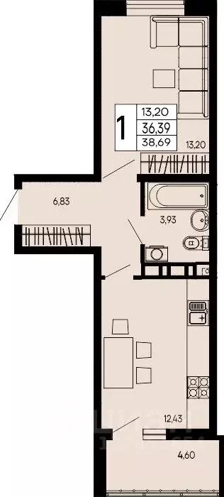 1-к кв. Адыгея, Майкоп 9 Мая ул. (38.69 м) - Фото 1