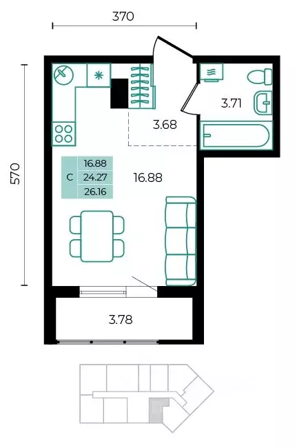 Студия Адыгея, Майкопский район, пос. Тульский ул. Заречная (26.16 м) - Фото 1