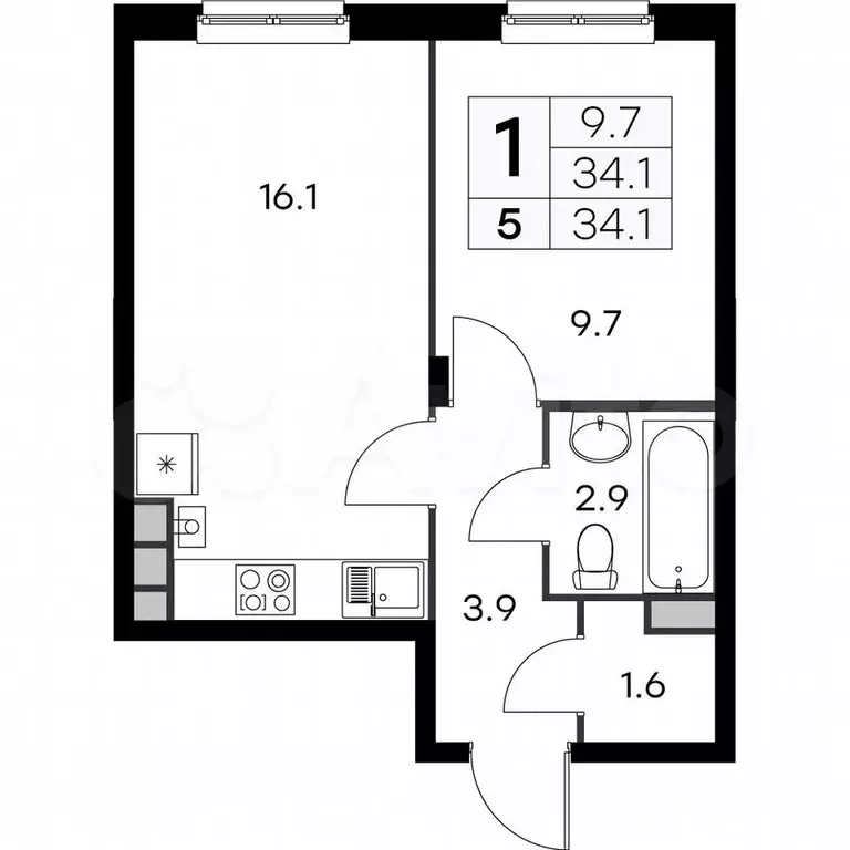 1-к. квартира, 34,1 м, 1/4 эт. - Фото 0