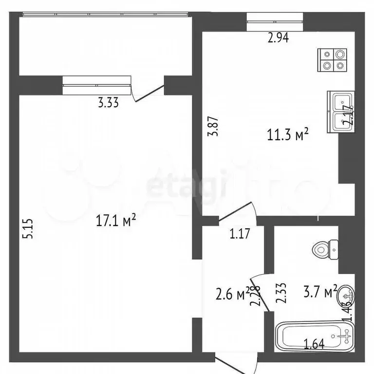 1-к. квартира, 34,6 м, 5/5 эт. - Фото 0