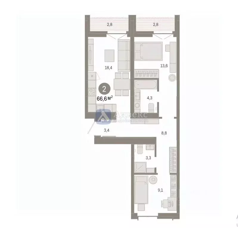 2-к кв. Тюменская область, Тюмень ул. Республики, 205к2 (66.57 м) - Фото 2