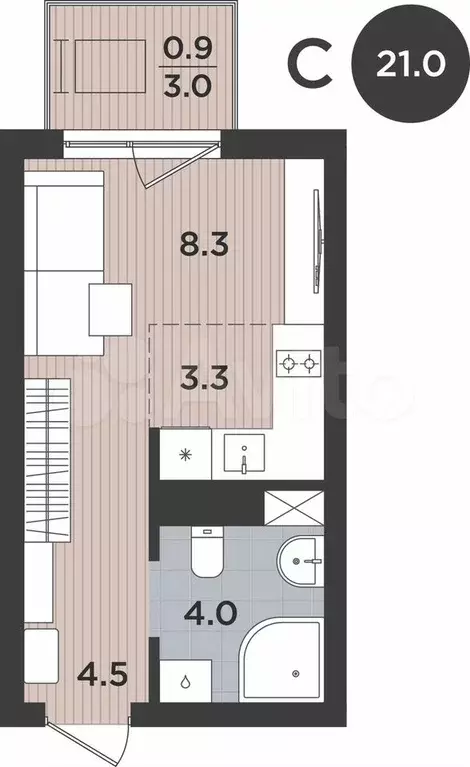 1-к. квартира, 21 м, 5/9 эт. - Фото 1