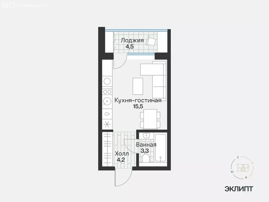 1-комнатная квартира: Тюмень, улица Игоря Комиссарова, 8 (25.24 м) - Фото 1