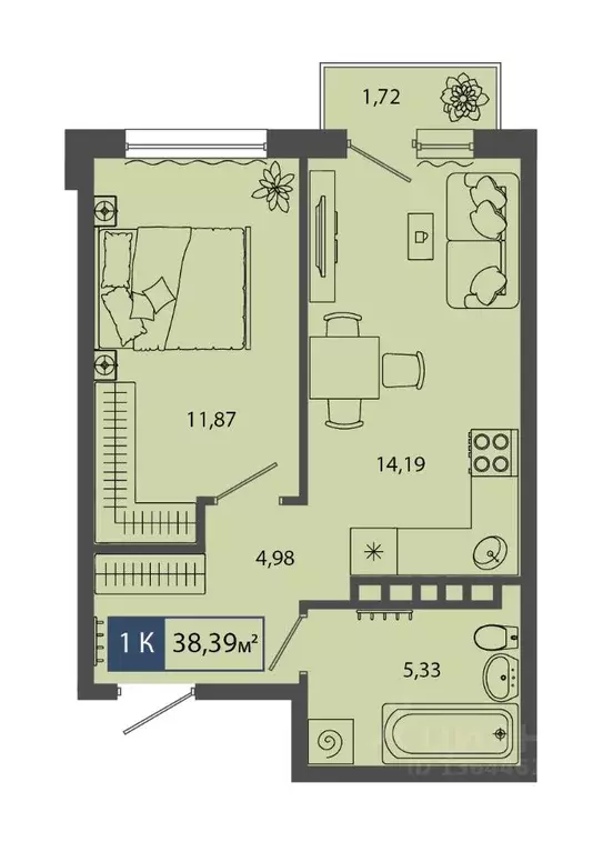 1-к кв. Тюменская область, Тюмень Мелиораторов мкр,  (38.39 м) - Фото 0