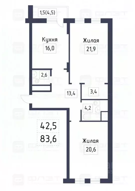 2-к кв. Татарстан, Казань Чистопольская ул., 71Б (84.0 м) - Фото 2