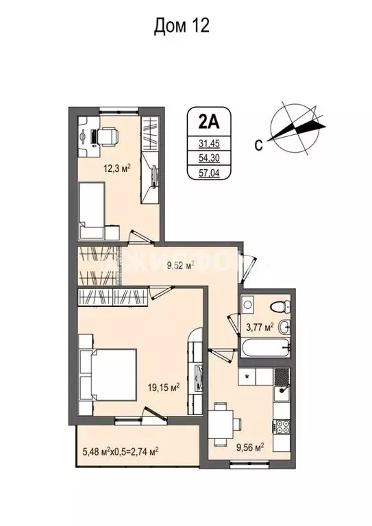 2-комнатная квартира: Кемерово, Космическая улица, 4Б (57.04 м) - Фото 0