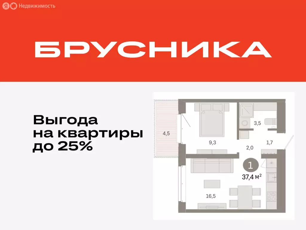 1-комнатная квартира: Тюмень, жилой комплекс На Минской (37.43 м) - Фото 0