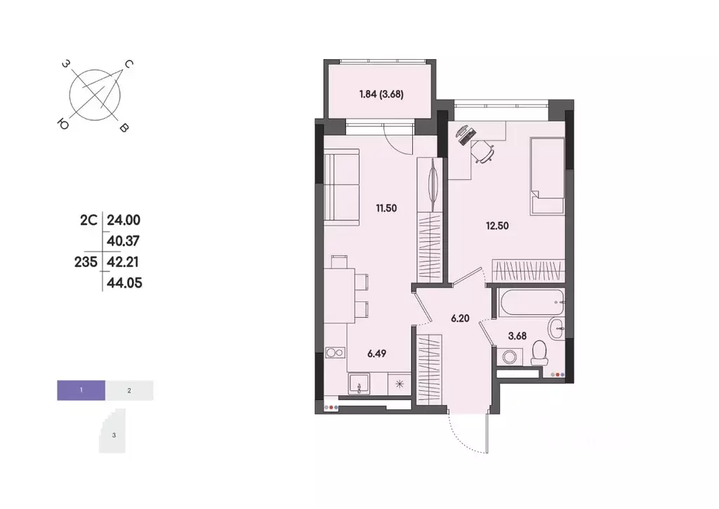 2-к кв. Удмуртия, Ижевск ул. Джамбула, 83 (42.21 м) - Фото 1