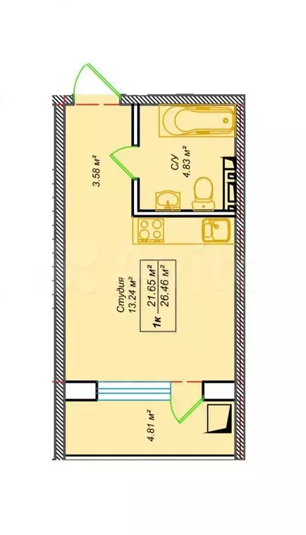 Квартира-студия, 26,4 м, 5/12 эт. - Фото 0