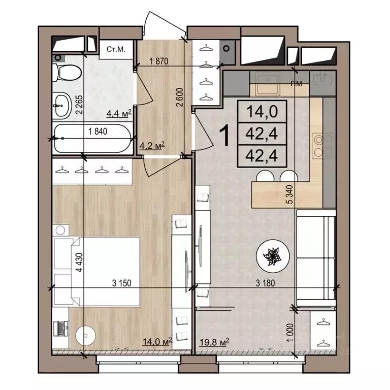 1-к кв. Рязанская область, Рязань ул. Новоселов, 33Б (42.4 м) - Фото 1