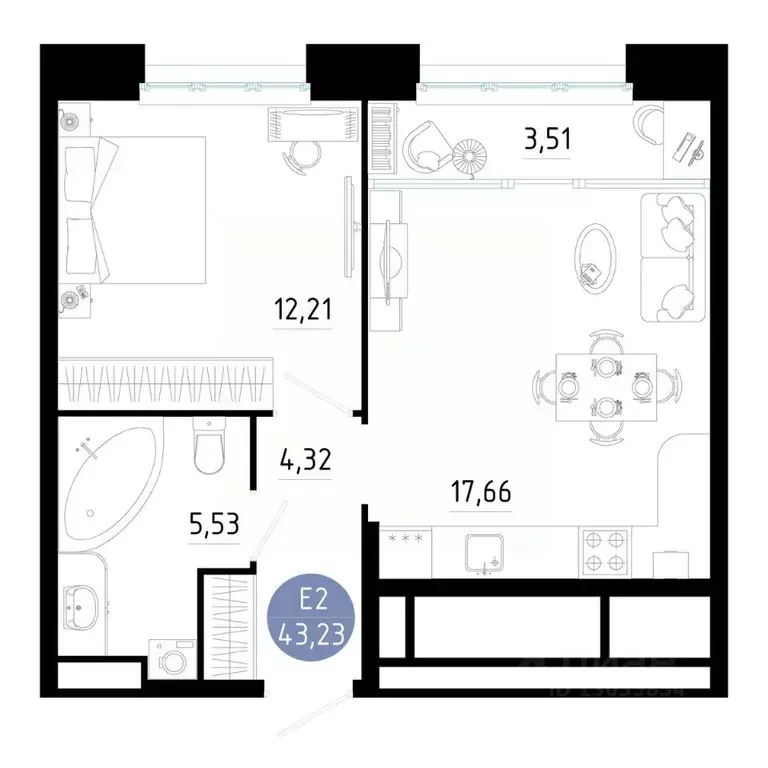 1-к кв. Рязанская область, Рязань ул. Ленинского Комсомола (43.23 м) - Фото 1