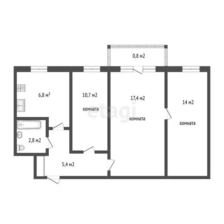 3-комнатная квартира: Тюмень, улица Пермякова, 8 (57.1 м) - Фото 1