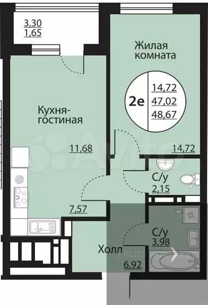 1-к. квартира, 48,7 м, 17/24 эт. - Фото 0