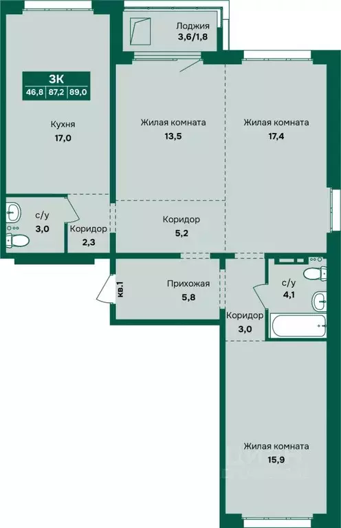 3-к кв. Алтайский край, Барнаул Камчатка жилой комплекс (89.0 м) - Фото 1