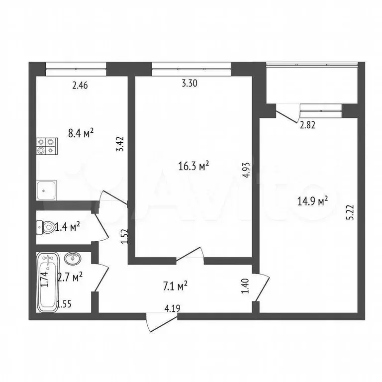 2-к. квартира, 50,8 м, 6/9 эт. - Фото 1