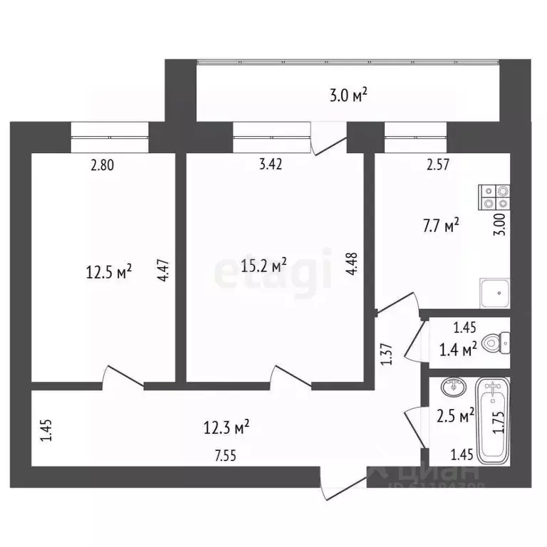 2-к кв. Мордовия, Саранск Республиканская ул., 143А (52.0 м) - Фото 2
