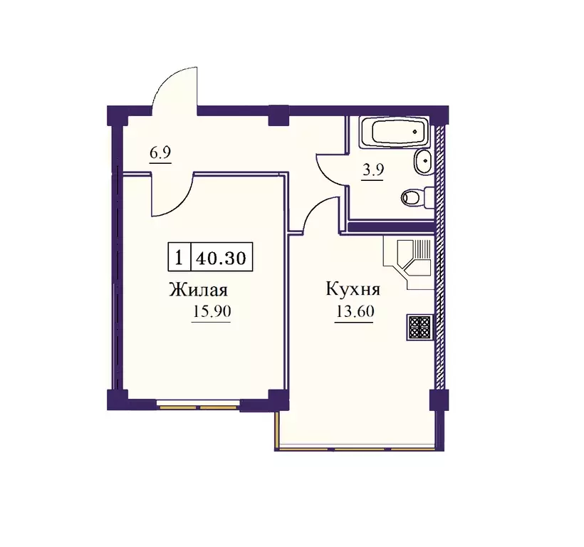 1-к квартира, 40.3 м - Фото 0