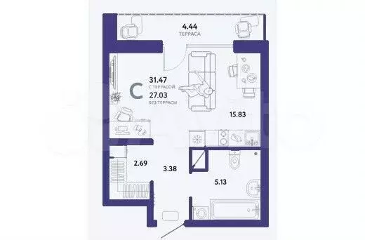 Квартира-студия, 31,5 м, 7/11 эт. - Фото 1