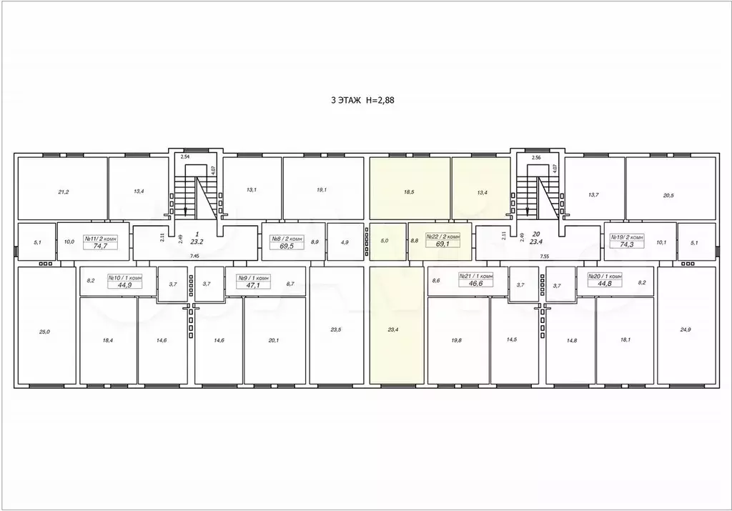 2-к. квартира, 69,1 м, 3/3 эт. - Фото 1
