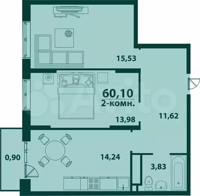 2-к. квартира, 60,1 м, 23/24 эт. - Фото 1