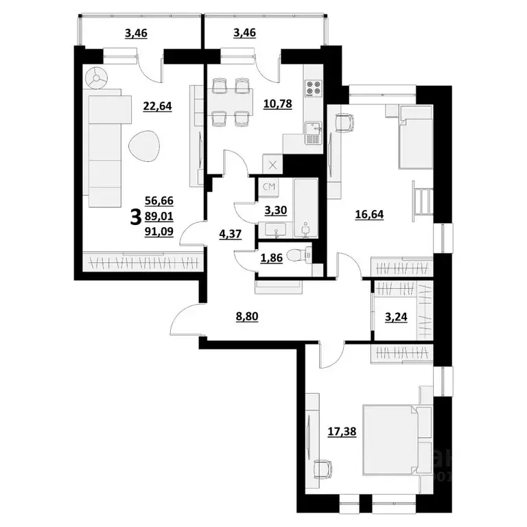 3-к кв. Белгородская область, Белгород ул. Квасова (91.09 м) - Фото 0