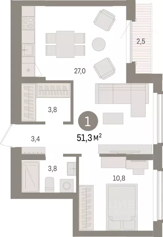 1-к кв. Липецкая область, Липецк пл. Петра Великого, 1 (51.3 м) - Фото 1