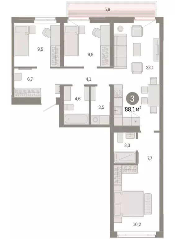 3-комнатная квартира: Тюмень, улица Республики, 205к3 (88.09 м) - Фото 2