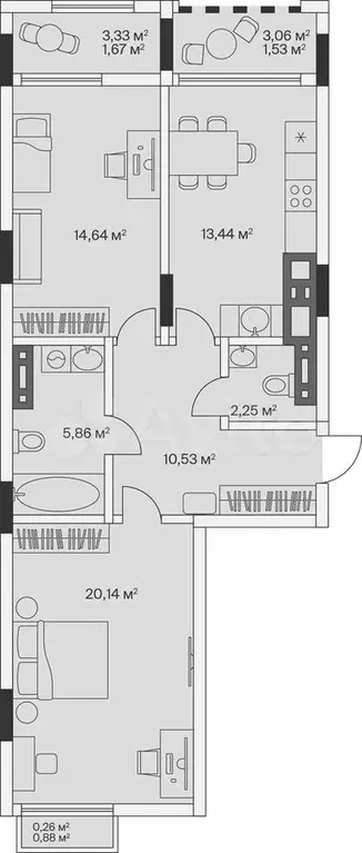 2-к. квартира, 70,3 м, 3/7 эт. - Фото 1