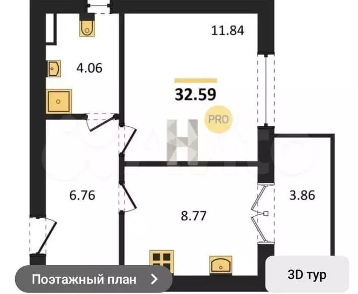 1-к. квартира, 32,7 м, 2/5 эт. - Фото 1