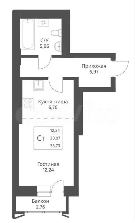 Квартира-студия, 33,7 м, 7/24 эт. - Фото 0