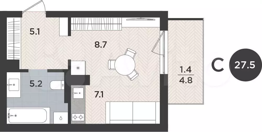 Квартира-студия, 27,5 м, 2/9 эт. - Фото 1